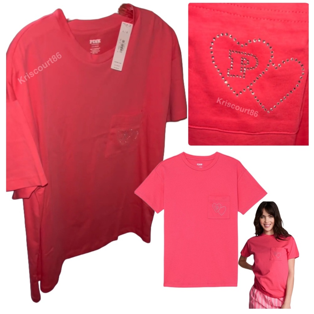 VS PINK Rhinestone Double Hearts Cotton Tee XL NEW WITH TAGS - Picture 11 of 11
